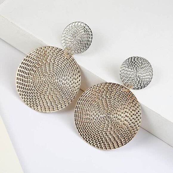 SILVER TEXTURED ROUND GEOMETRIC DANGLE EARRINGS - Picture 1 of 7